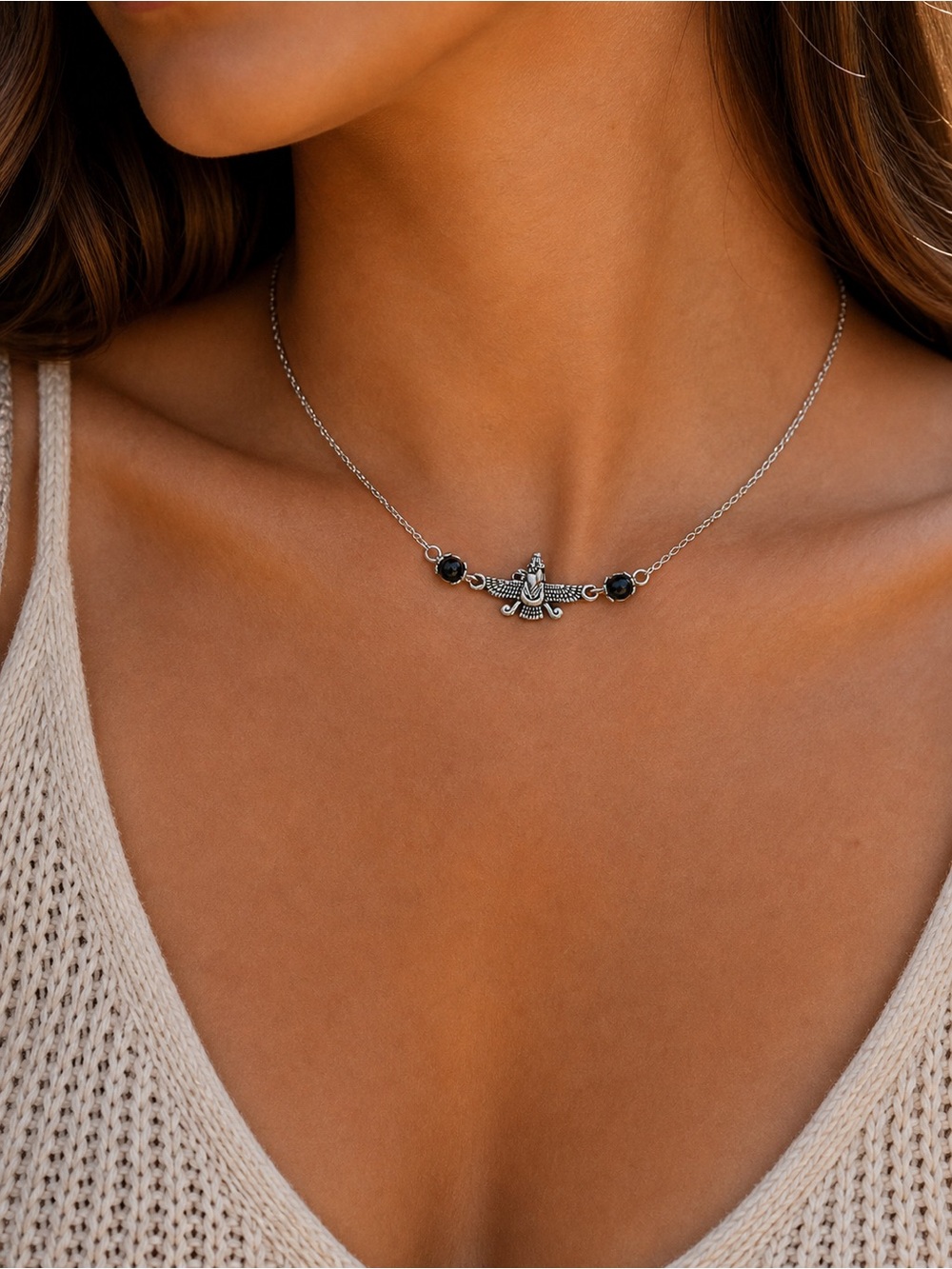 Farvahar Necklace 18”, Persian Symbol, Black Beads, Minimalist Jewelry
